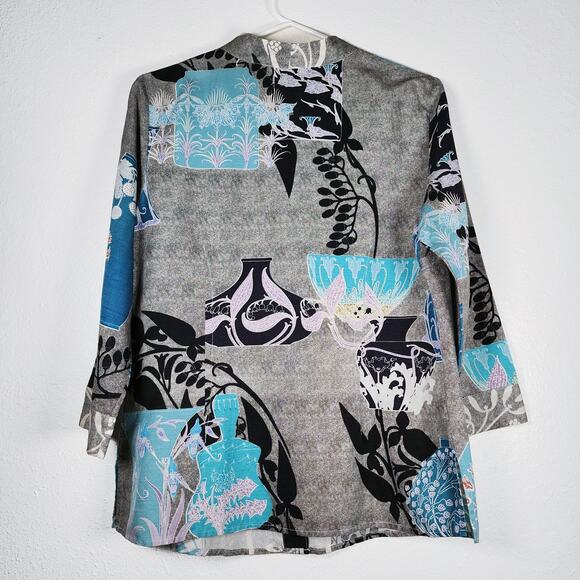 Citron Silk Linen Blouse Art to Wear Button Front Grecian Floral Roomy Medium - Picture 8 of 8